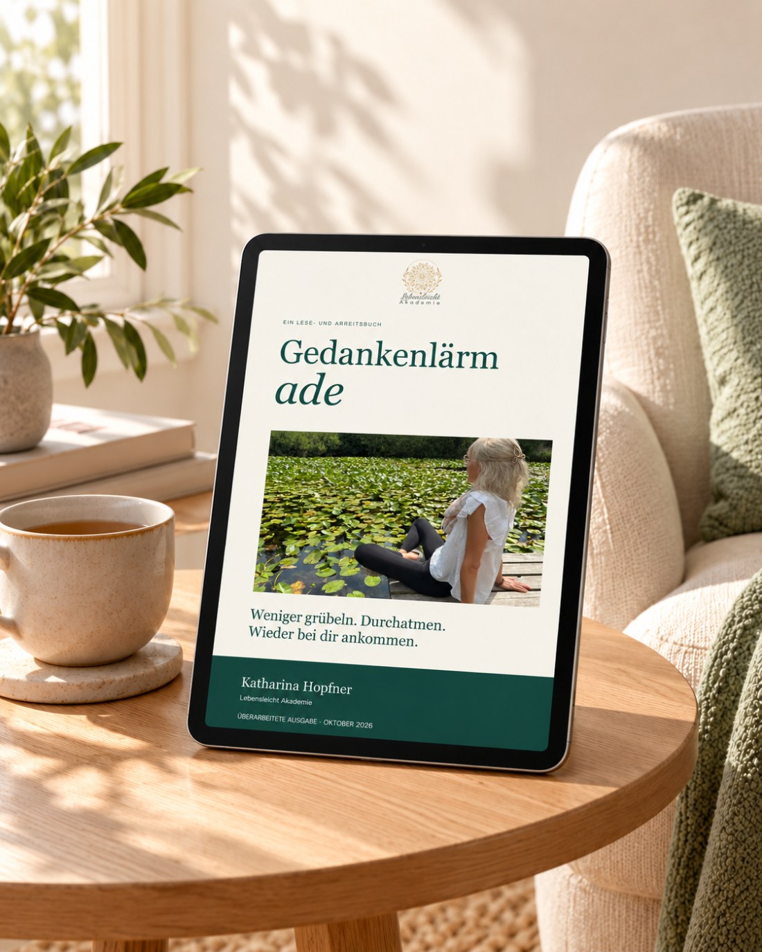 Das E-Book Gedankenlärm ade auf einem Tablet auf einem Beistelltisch